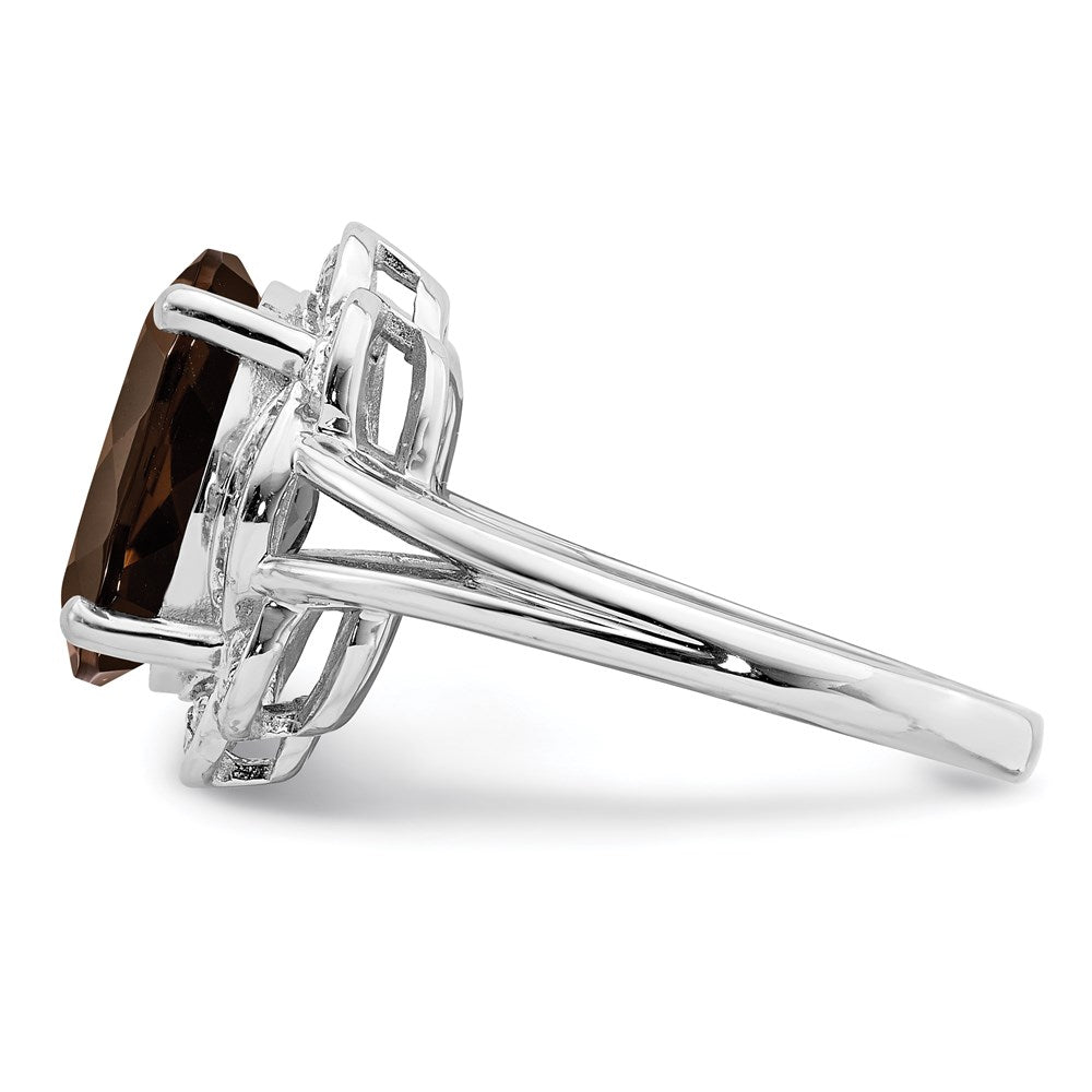 Sterling Silver Rhodium Oval Smoky Quartz & Diamond Ring (Size 7 Only)