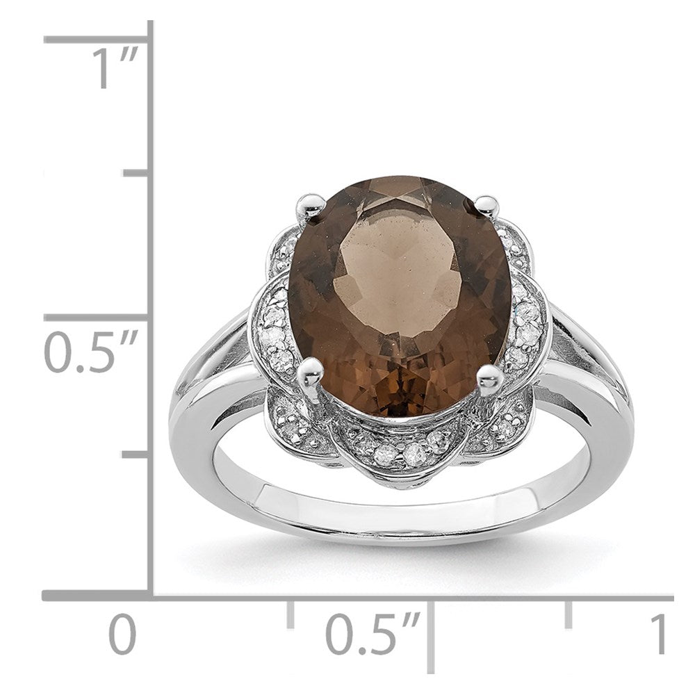 Sterling Silver Rhodium Oval Smoky Quartz & Diamond Ring (Size 7 Only)