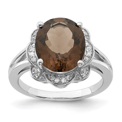 Sterling Silver Rhodium Oval Smoky Quartz & Diamond Ring (Size 7 Only)