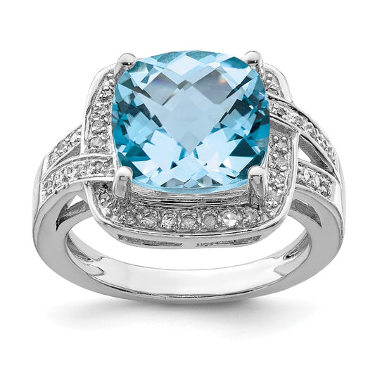 Sterling Silver Rhodium Checker Cut Swiss Blue Topaz & Diamond Ring (Size 7 Only)