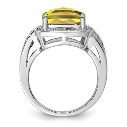 Sterling Silver Rhodium Checker Cut Lemon Quartz & Diamond Ring