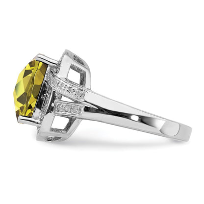 Sterling Silver Rhodium Checker Cut Lemon Quartz & Diamond Ring