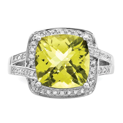 Sterling Silver Rhodium Checker Cut Lemon Quartz & Diamond Ring