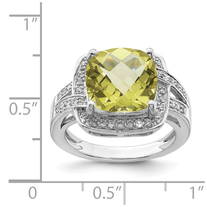 Sterling Silver Rhodium Checker Cut Lemon Quartz & Diamond Ring