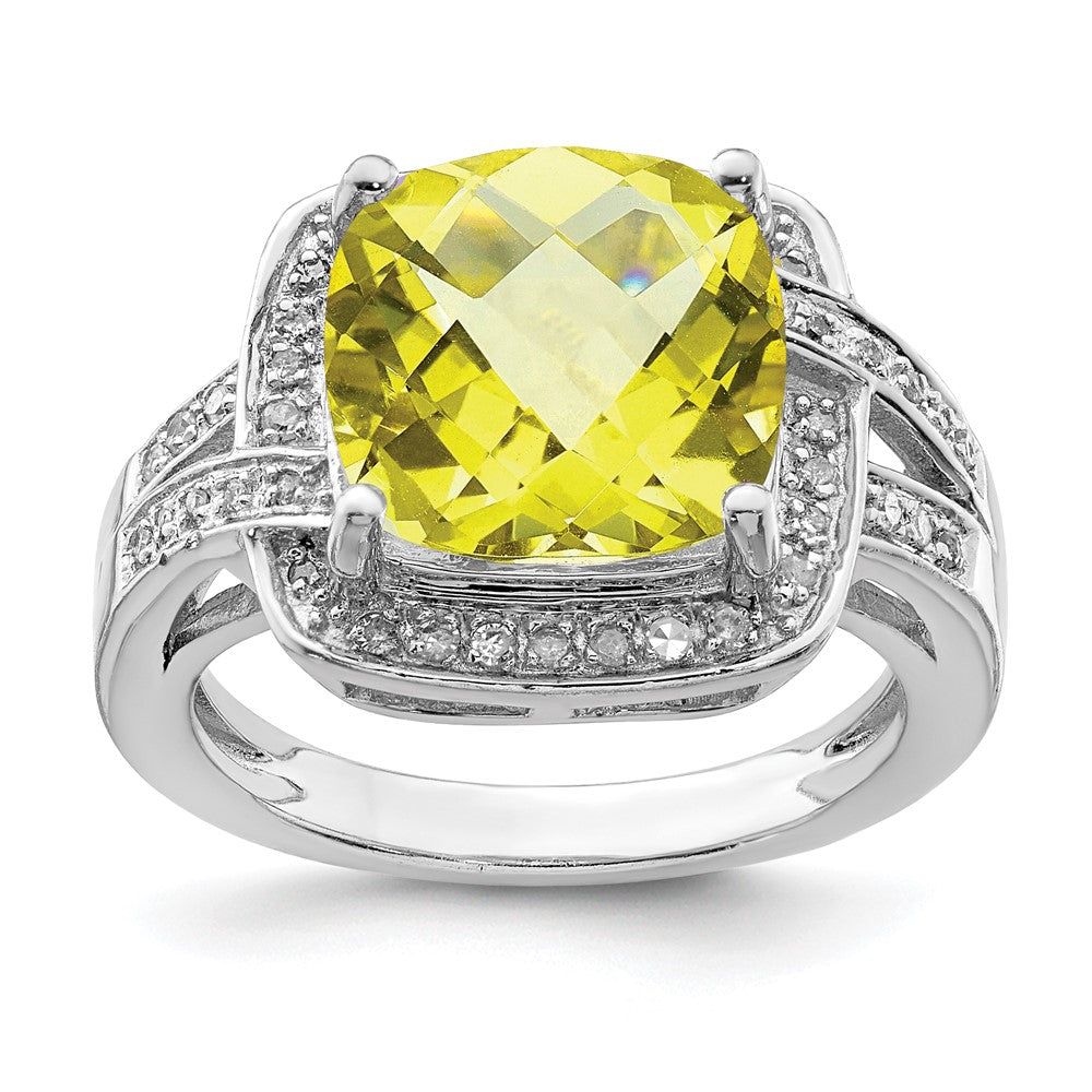 Sterling Silver Rhodium Checker Cut Lemon Quartz & Diamond Ring