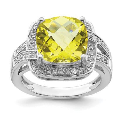 Sterling Silver Rhodium Checker Cut Lemon Quartz & Diamond Ring