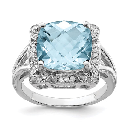 Sterling Silver Rhodium Checker Cut Sky Blue Topaz & Diamond Ring (Size 5 Only)