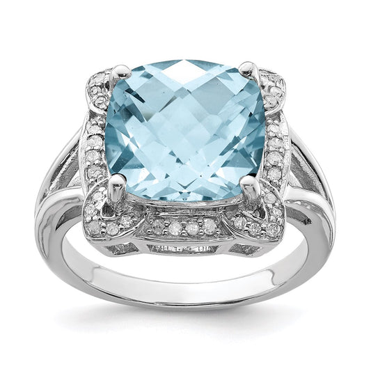 Sterling Silver Rhodium Checker Cut Sky Blue Topaz & Diamond Ring (Size 5 Only)
