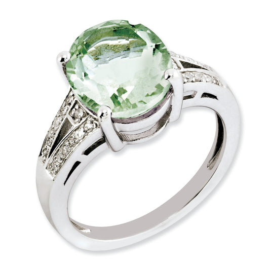 Sterling Silver Rhodium Plated Oval Green Quartz & Diamond Ring (Size 7 Only)