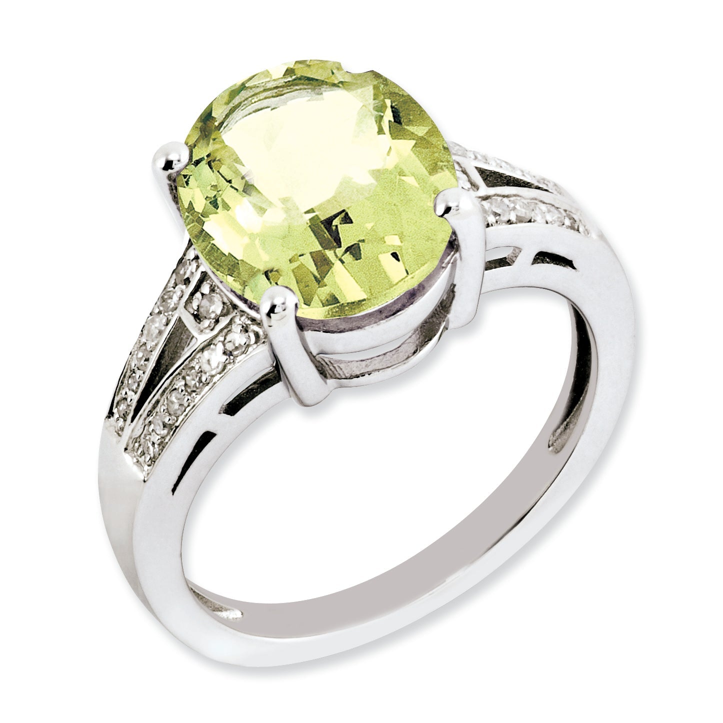 Sterling Silver Rhodium Plated Oval Lemon Quartz & Diamond Ring (Size 7 Only)