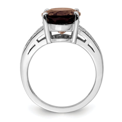 Sterling Silver Rhodium Oval Smoky Quartz & Diamond Ring (Size 7 Only)