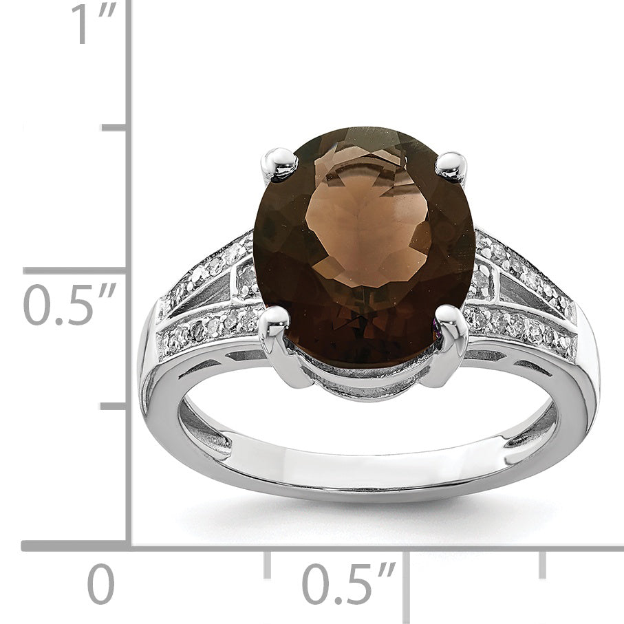 Sterling Silver Rhodium Oval Smoky Quartz & Diamond Ring (Size 7 Only)