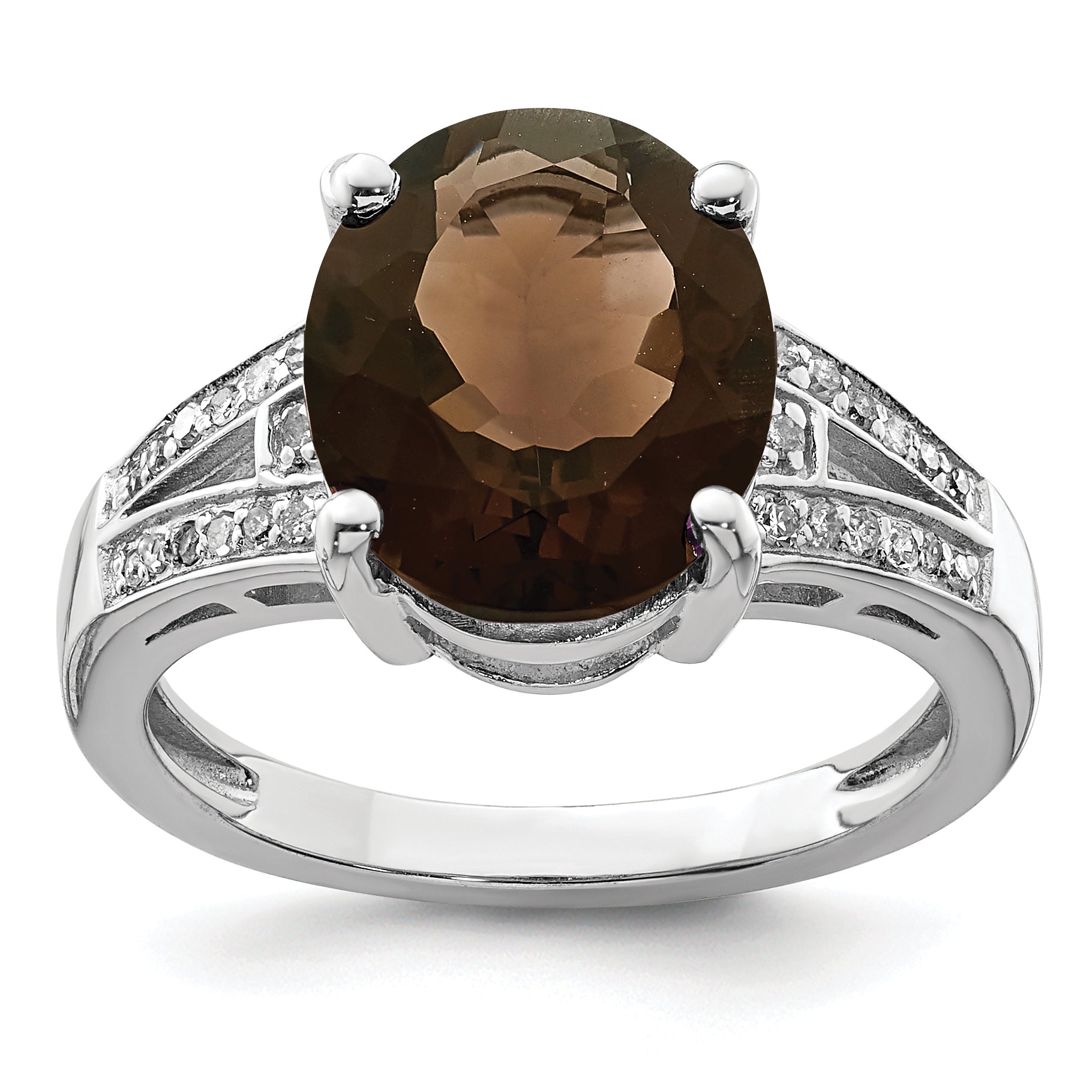 Sterling Silver Rhodium Oval Smoky Quartz & Diamond Ring (Size 7 Only)