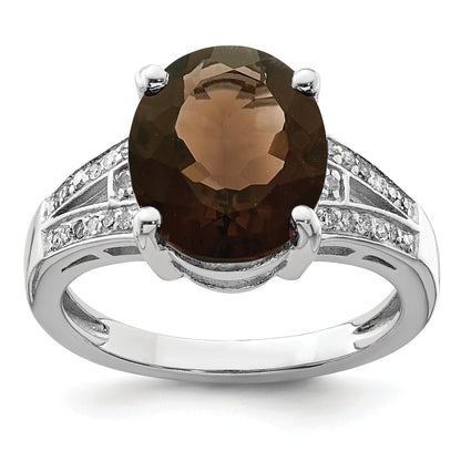 Sterling Silver Rhodium Oval Smoky Quartz & Diamond Ring (Size 7 Only)