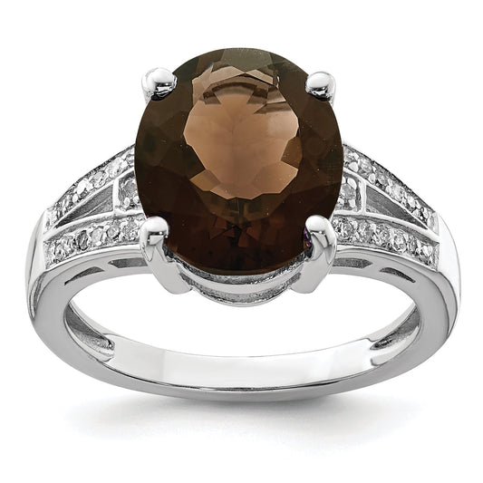 Sterling Silver Rhodium Oval Smoky Quartz & Diamond Ring (Size 7 Only)