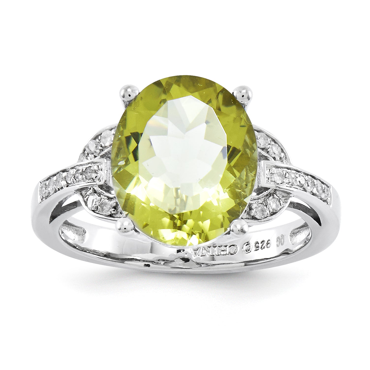 Sterling Silver Rhodium Plated Oval Lemon Quartz & Diamond Ring (Size 7 Only)