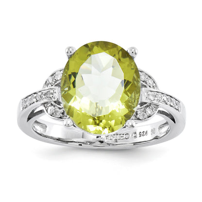 Sterling Silver Rhodium Plated Oval Lemon Quartz & Diamond Ring (Size 7 Only)
