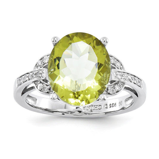 Sterling Silver Rhodium Plated Oval Lemon Quartz & Diamond Ring (Size 7 Only)