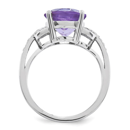 Sterling Silver Rhodium Plated Pink Quartz & Diamond Ring