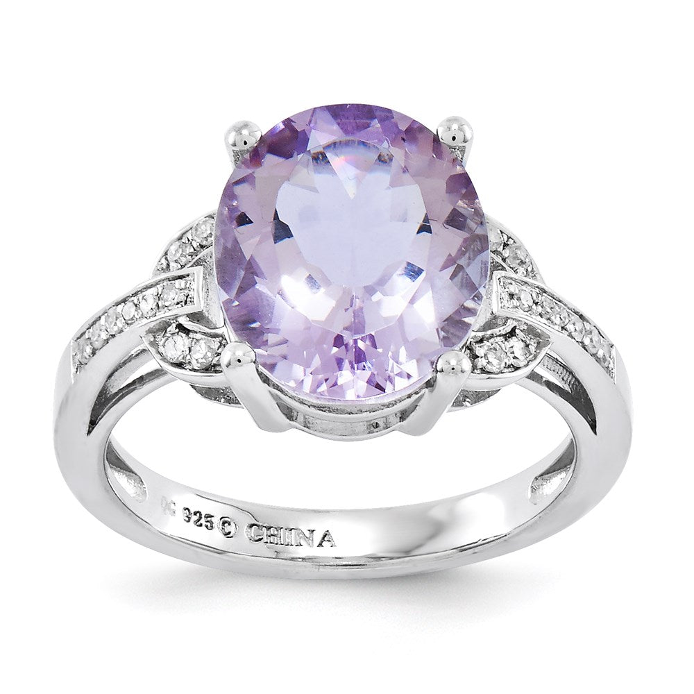 Sterling Silver Rhodium Plated Pink Quartz & Diamond Ring