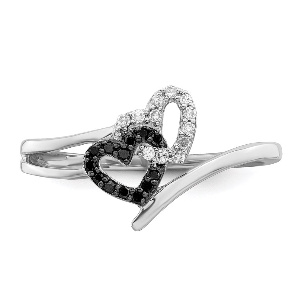 Sterling Silver White Night Rhodium Plated Black And Diamond Double Heart Ring