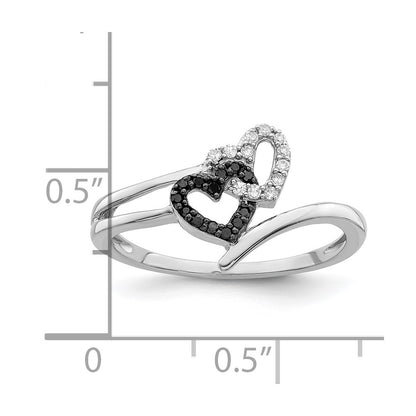 Sterling Silver White Night Rhodium Plated Black And Diamond Double Heart Ring