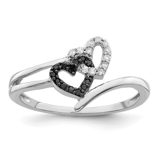 Sterling Silver White Night Rhodium Plated Black And Diamond Double Heart Ring
