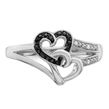 Sterling Silver White Night Rhodium Plated Black And Diamond Heart Ring