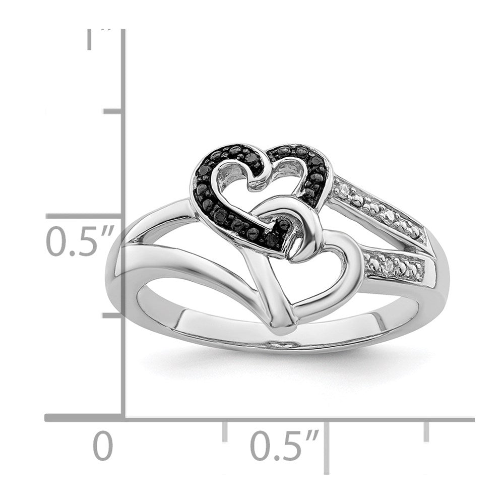 Sterling Silver White Night Rhodium Plated Black And Diamond Heart Ring