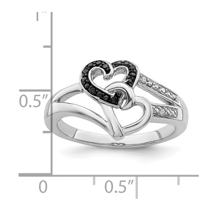 Sterling Silver White Night Rhodium Plated Black And Diamond Heart Ring