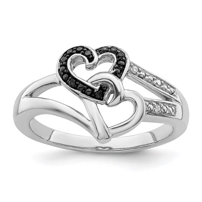 Sterling Silver White Night Rhodium Plated Black And Diamond Heart Ring