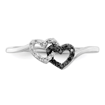 Sterling Silver White Night Rhodium Plated Black And Diamond Double Heart Ring