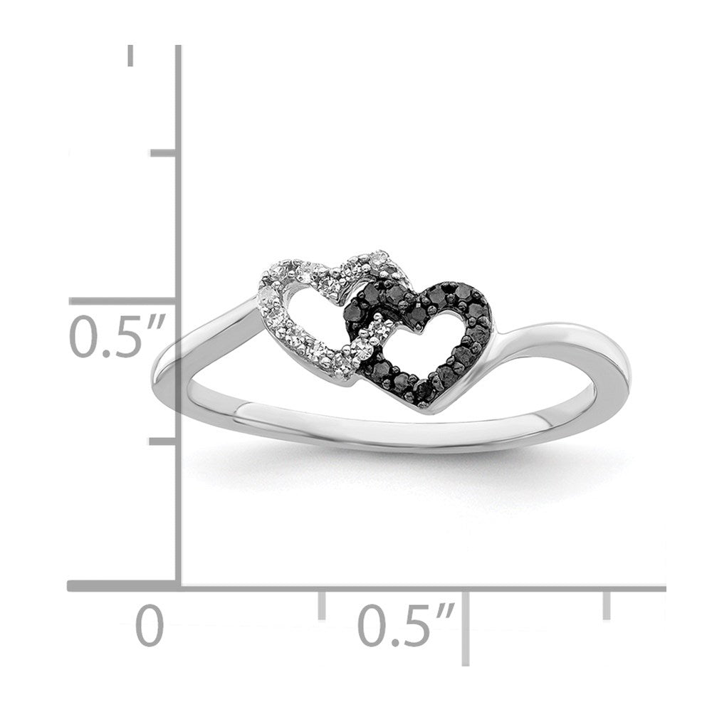 Sterling Silver White Night Rhodium Plated Black And Diamond Double Heart Ring