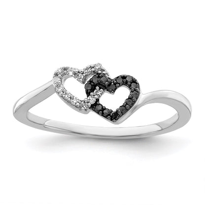 Sterling Silver White Night Rhodium Plated Black And Diamond Double Heart Ring