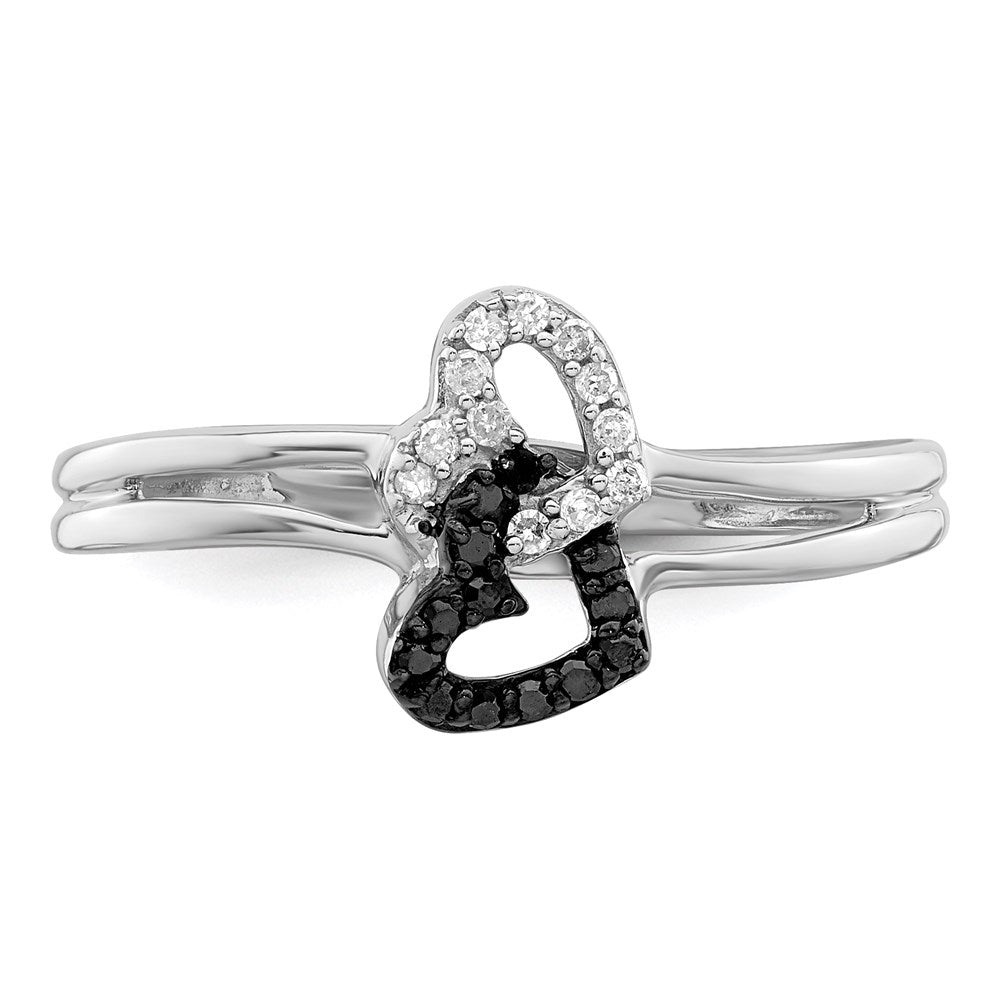 Sterling Silver White Night Rhodium Plated Black And Diamond Double Heart Ring