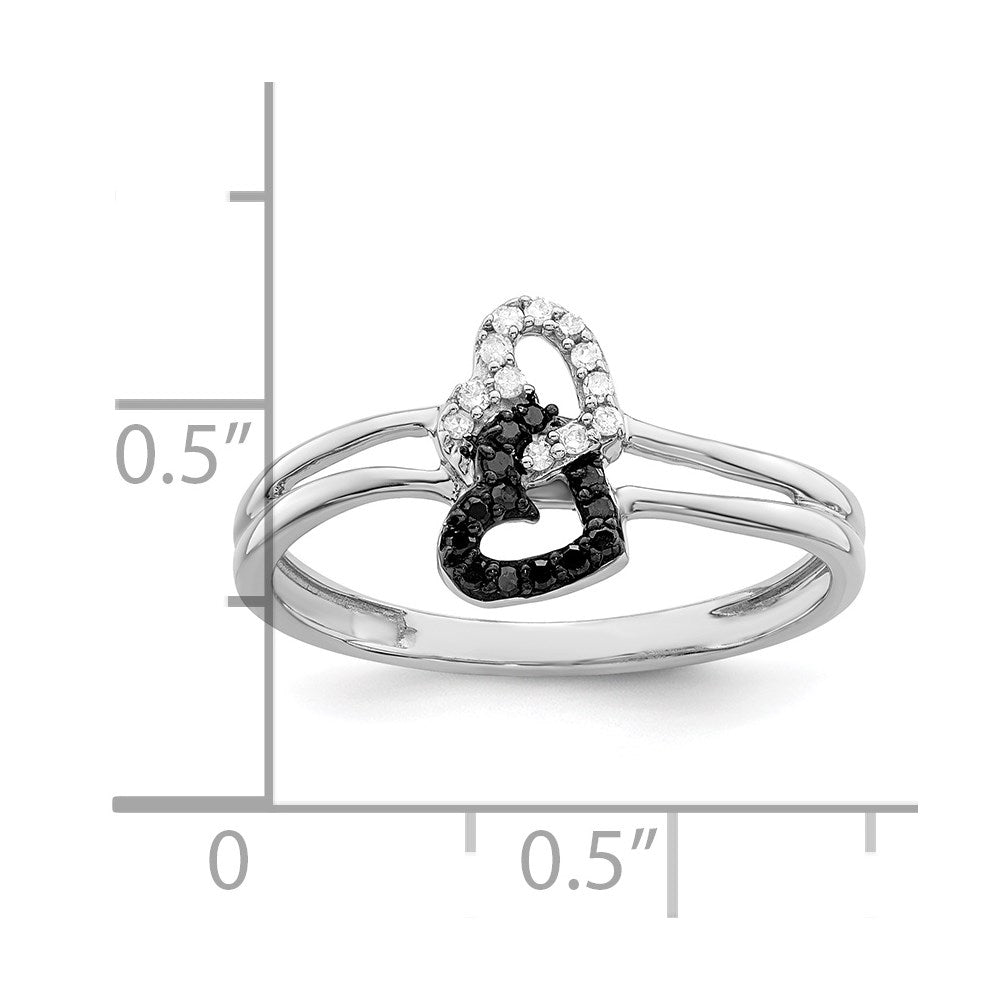 Sterling Silver White Night Rhodium Plated Black And Diamond Double Heart Ring
