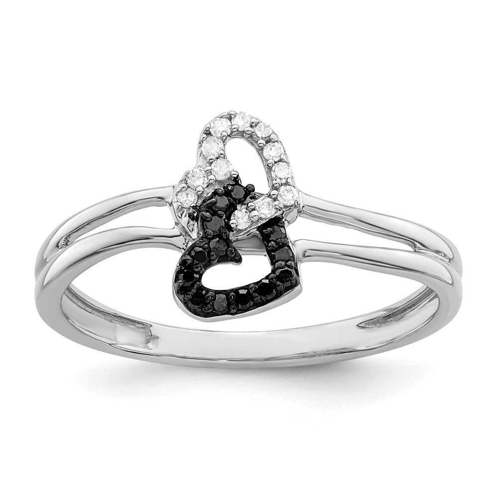 Sterling Silver White Night Rhodium Plated Black And Diamond Double Heart Ring