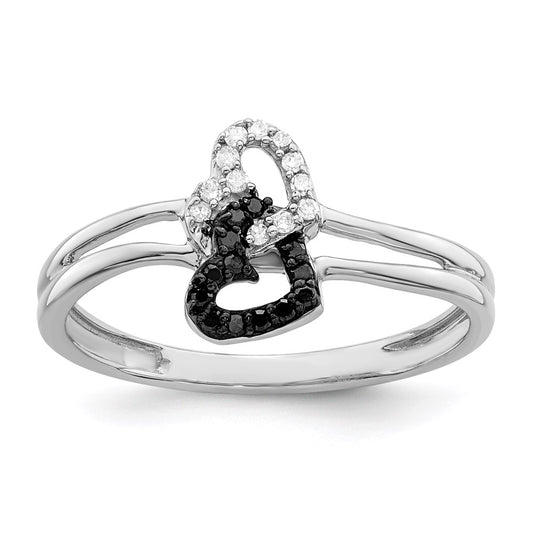 Sterling Silver White Night Rhodium Plated Black And Diamond Double Heart Ring