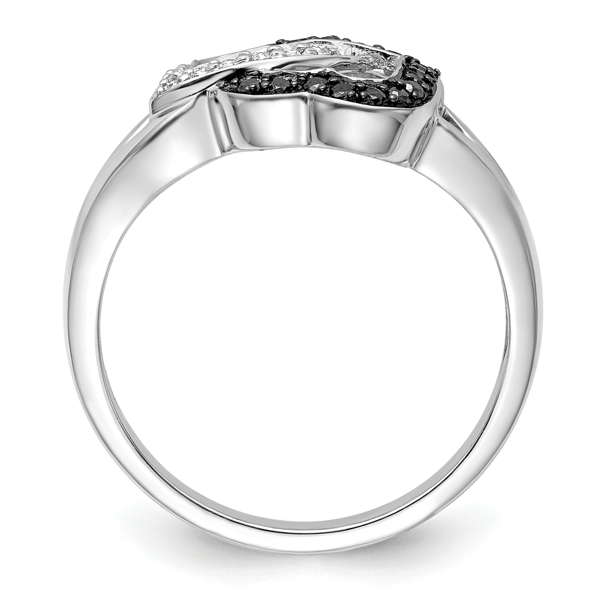 Sterling Silver White Night Rhodium Plated Black And Diamond Hearts Ring