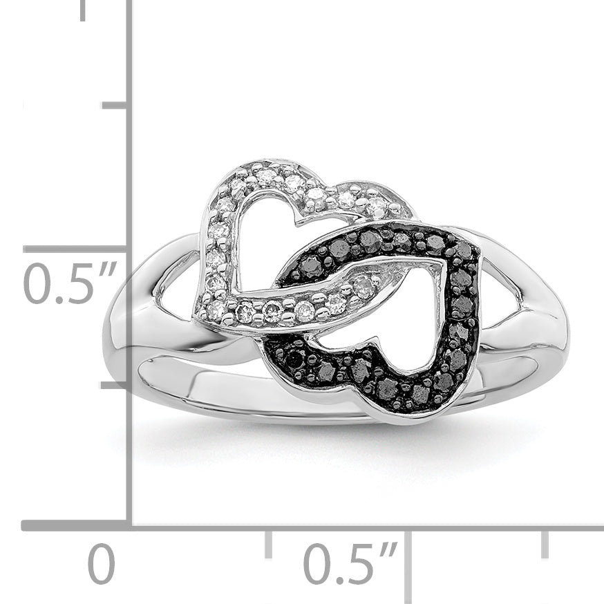 Sterling Silver White Night Rhodium Plated Black And Diamond Hearts Ring