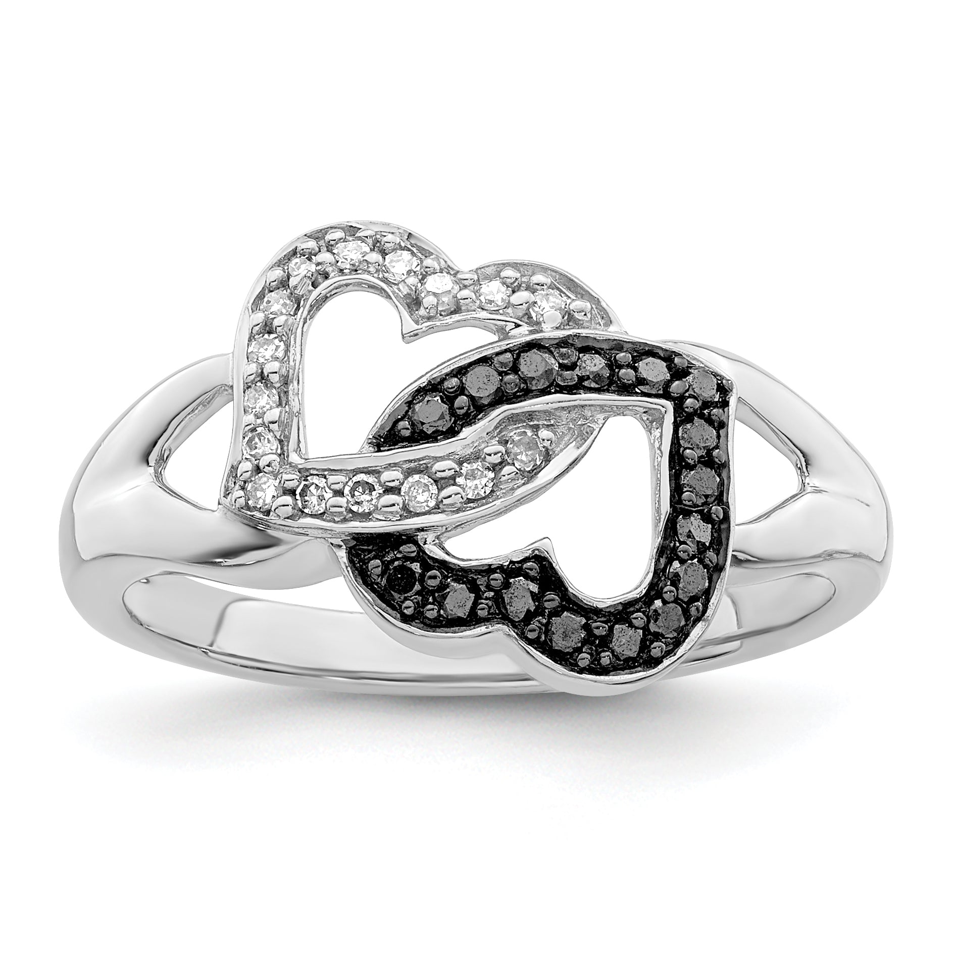 Sterling Silver White Night Rhodium Plated Black And Diamond Hearts Ring