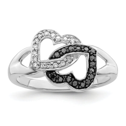 Sterling Silver White Night Rhodium Plated Black And Diamond Hearts Ring