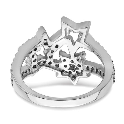 Sterling Silver Rhodium Plated Cz Triple Star Ring