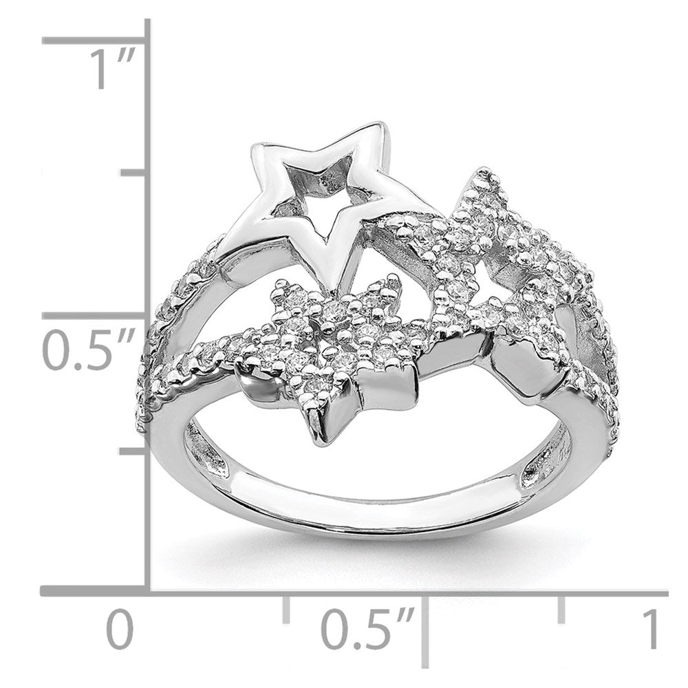 Sterling Silver Rhodium Plated Cz Triple Star Ring