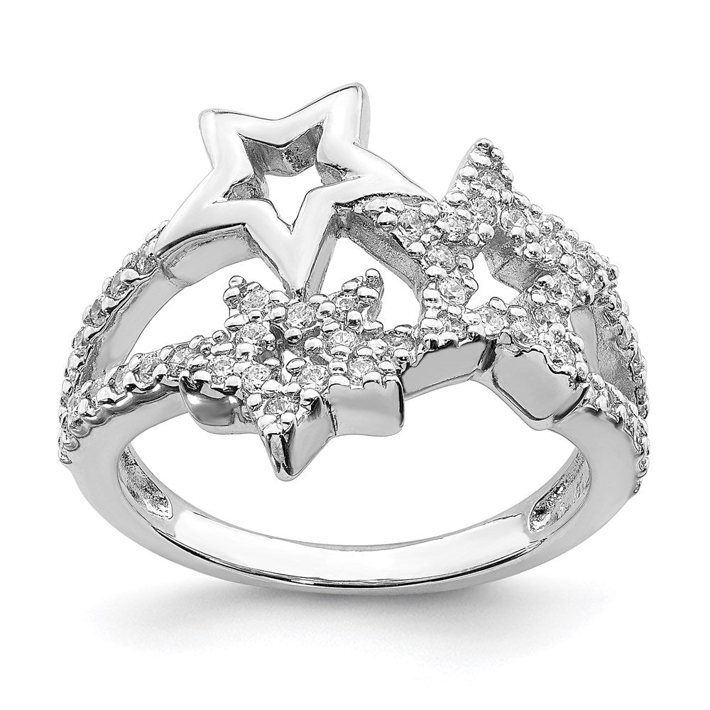 Sterling Silver Rhodium Plated Cz Triple Star Ring
