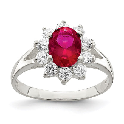 Sterling Silver Red Oval Cz Cluster Ring