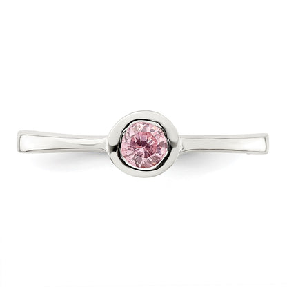 Sterling Silver Pink Round Bezel Cz Ring