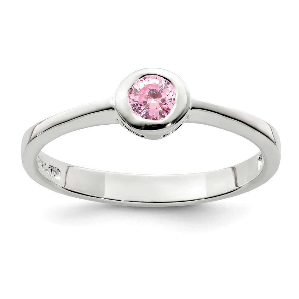 Sterling Silver Pink Round Bezel Cz Ring