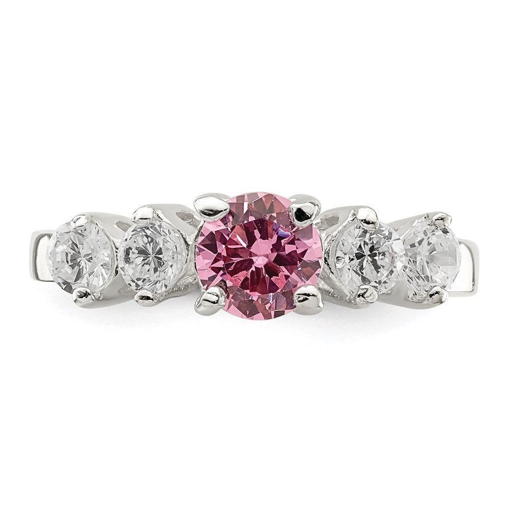Sterling Silver Pink Round Cz Side Stones Ring