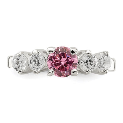 Sterling Silver Pink Round Cz Side Stones Ring